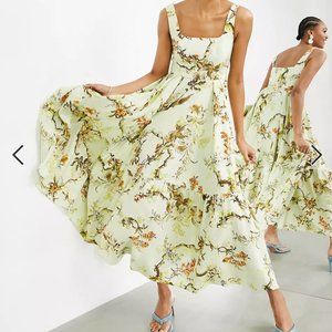 ASOS EDITION sleeveless square neck tiered midi dress in woodland print (US 4)